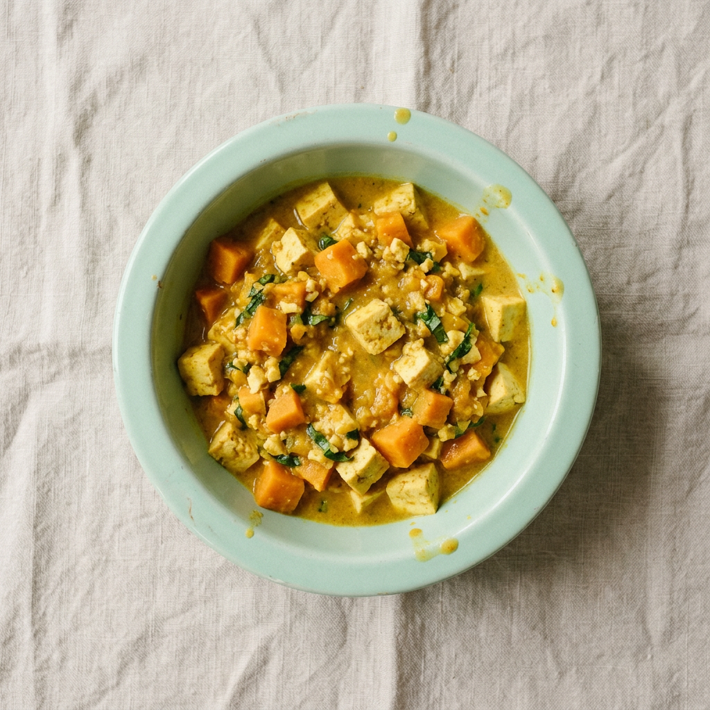 Tofu-Curry mit Kokosmilch und Basilikum
